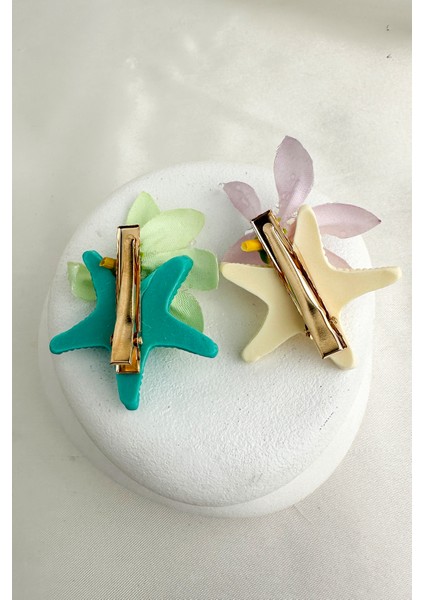 Yeşil Beyaz Deniz Yıldızı Fiyonk Taş Detay Çiçek Ikili Yan Toka(6cm) indirimleri