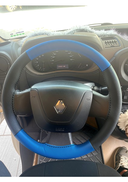 Dikişli Direksiyon Kılıfı Siyah Deri Mavi Deri Siyah Dikişli Reno Master (Fotodaki) Için