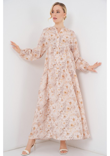 Kadın Desenli Tesettür Elbise 2583 - Bej