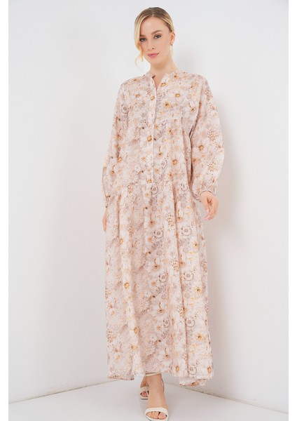 Kadın Desenli Tesettür Elbise 2583 - Bej modelleri