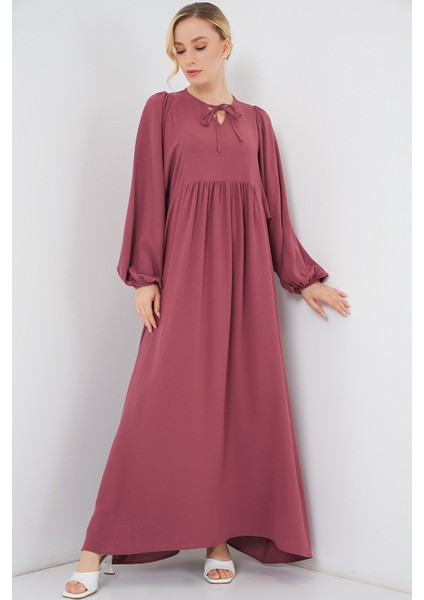 Kadın Balon Kol Uzun Tesettür Elbise 2464 - D.gül Kurusu modelleri