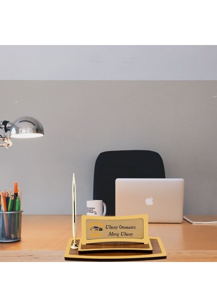 Kurumsal Firmalara Özel Logolu Masa Isimliği | Kişiye Özel Altın Detaylı Ahşap Tasarım fiyatları