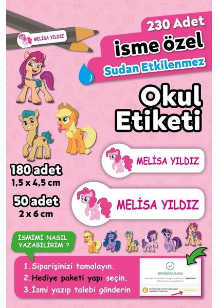 Pony Tasarımlı Kişiye Özel Isimli Defter Kalem Okul Etiketi, Yırtılmaz Pvc Etiket, Suya Dayanıklı