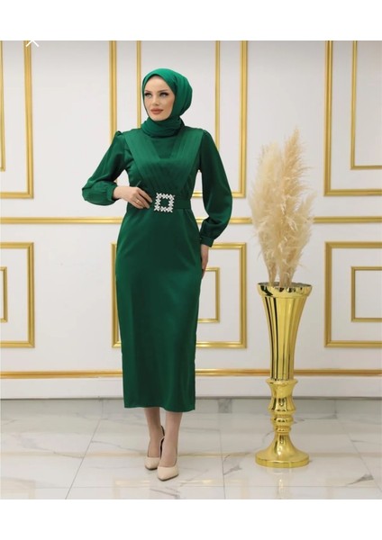 Kalem Etek Drape Detaylı Taşlı Kemer Tesettür Abiye Elbise