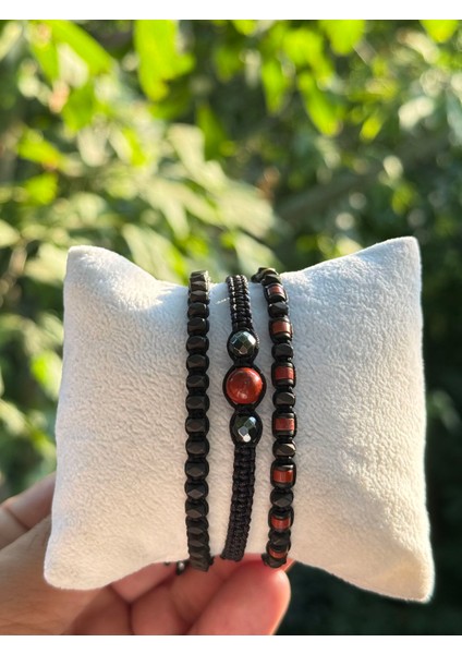 Kırmızı Jasper, Hematit Bileklik - 3'lü Kombin Bileklik - Tasarım Bileklik Ayarlanabilir