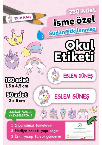 Unicorn Tasarımlı Kişiye Özel Isimli Defter Kalem Okul Etiketi, Yırtılmaz Pvc Etiket, Suya Dayanıklı