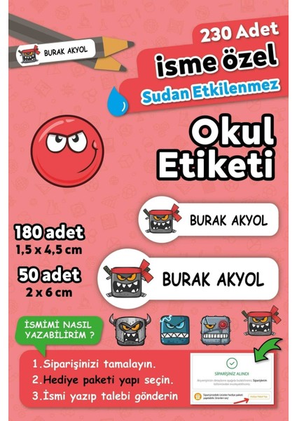 Redball Temalı Kişiye Özel Isimli Defter Kalem Okul Etiketi, Yırtılmaz Pvc Etiket