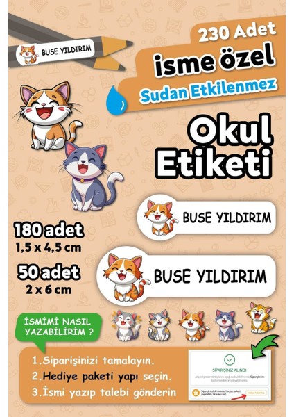 Sevimli Kediler Tasarımlı Isimli Defter Kalem Okul Etiketi, Yırtılmaz Pvc Etiket, Suya Dayanıklı