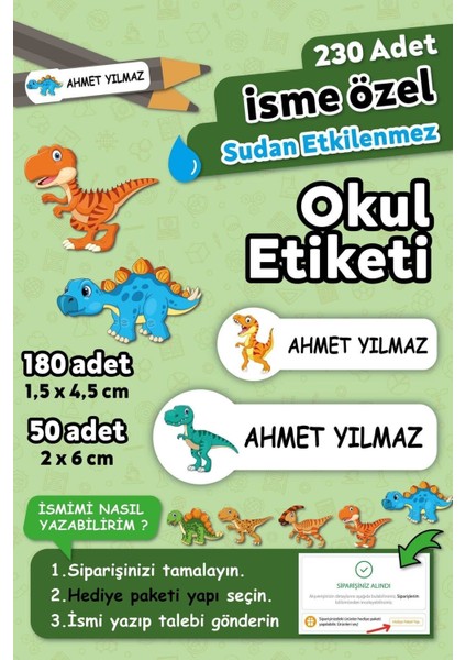 Dinazor Temalı Kişiye Özel Isimli Defter Kalem Okul Etiketi, Yırtılmaz Pvc Etiket