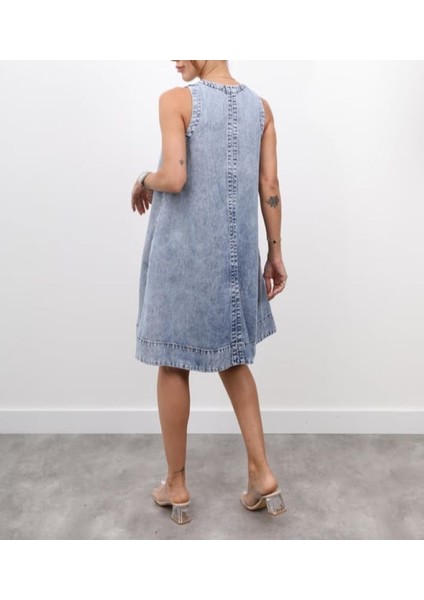 Çift Cepli V Yaka Denim Elbise fiyatları
