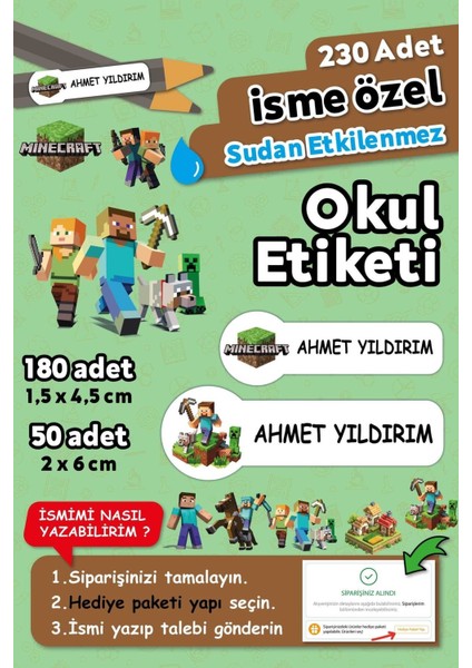 Minecraft Temalı Kişiye Özel Isimli Defter Kalem Okul Etiketi, Yırtılmaz Pvc Etiket, Islanmaz
