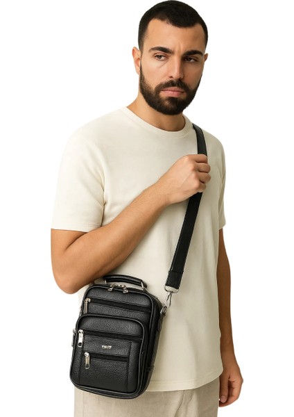 Tabanca Çantası Siyah Deri Erkek El ve Omuz Askılı