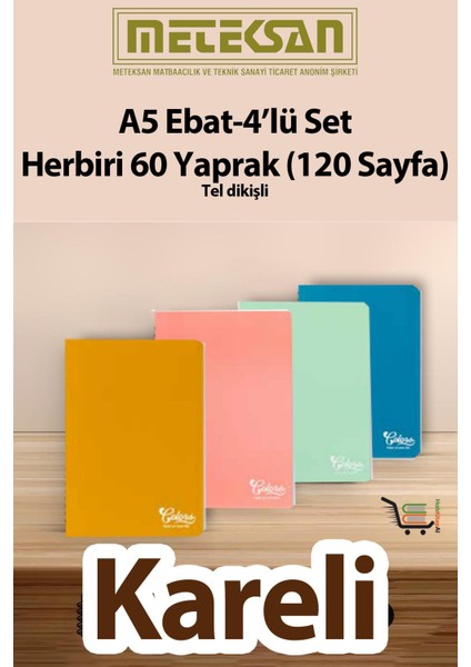 60 Yaprak (120 Sayfa) Okul Defteri - Not Defteri 4'lü Set A5 Ebat Tel Dikişli Karton Kapak