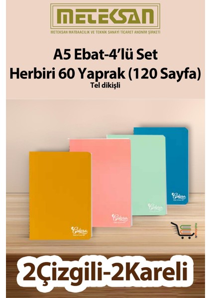 60 Yaprak (120 Sayfa) Okul Defteri - Not Defteri 4'lü Set A5 Ebat Tel Dikişli Karton Kapak