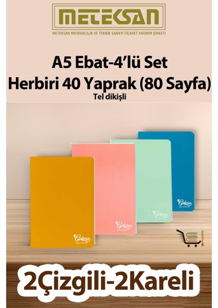 40 Yaprak (80 Sayfa) Okul Defteri - Not Defteri 4'lü Set A5 Ebat Tel Dikişli Karton Kapak