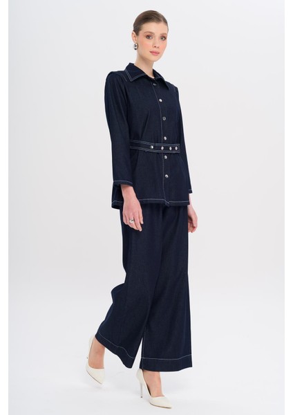 Kemeri Çıt Çıt Detaylı Ceket Pantolon Denim Takım Lacivert 9344-TK fırsatları