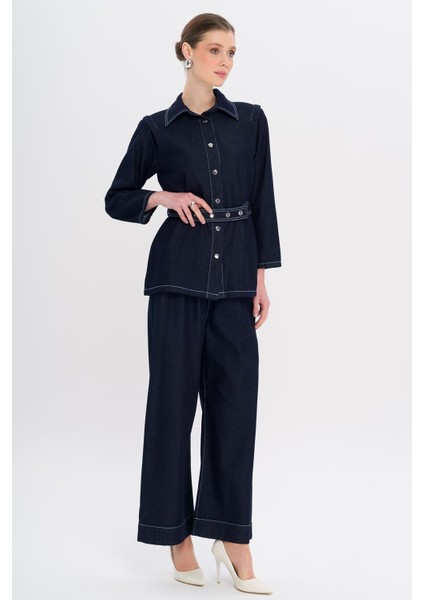 Kemeri Çıt Çıt Detaylı Ceket Pantolon Denim Takım Lacivert 9344-TK indirimleri