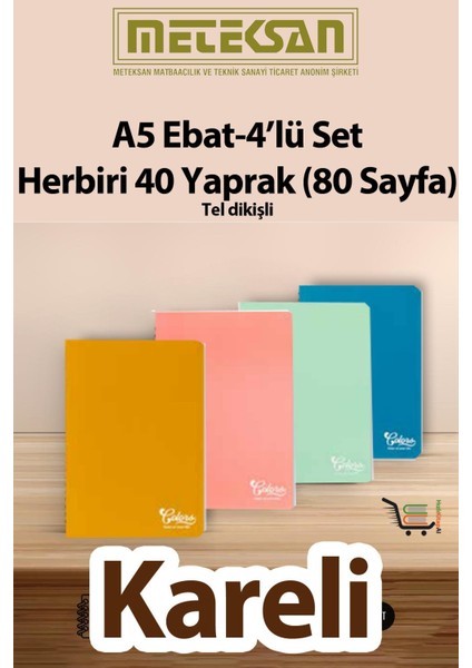 40 Yaprak (80 Sayfa) Okul Defteri - Not Defteri 4'lü Set A5 Ebat Tel Dikişli Karton Kapak