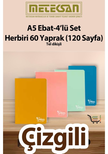 60 Yaprak (120 Sayfa) Okul Defteri - Not Defteri 4'lü Set A5 Ebat Tel Dikişli Karton Kapak