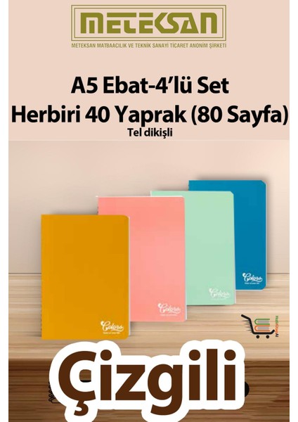 40 Yaprak (80 Sayfa) Okul Defteri - Not Defteri 4'lü Set A5 Ebat Tel Dikişli Karton Kapak