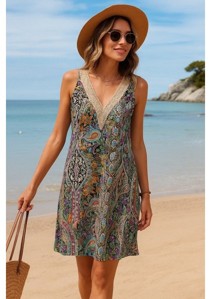 Kadın Kısa Kollu Dantel V Yakalı Desenli Süprem Elbise modelleri