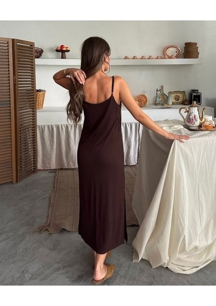 Kadın Siyah Asansör Askılı Çift Yırtmaçlı Helen Elbise fırsatları