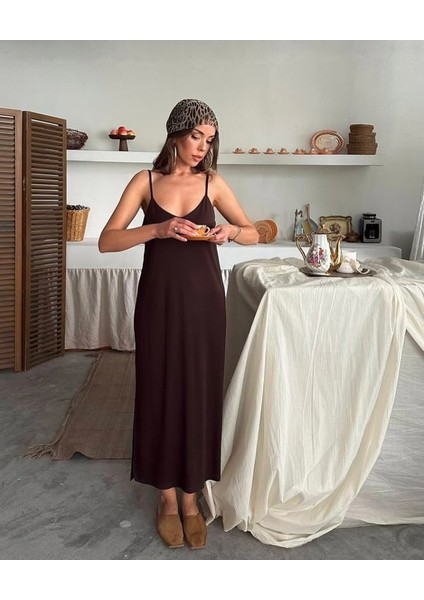 Kadın Siyah Asansör Askılı Çift Yırtmaçlı Helen Elbise indirimleri