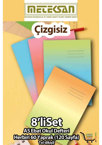 Çizgisiz Okul Defteri A5 Ebat 60 Yaprak (120 Sayfa) Karton Kapak Tel Dikişli