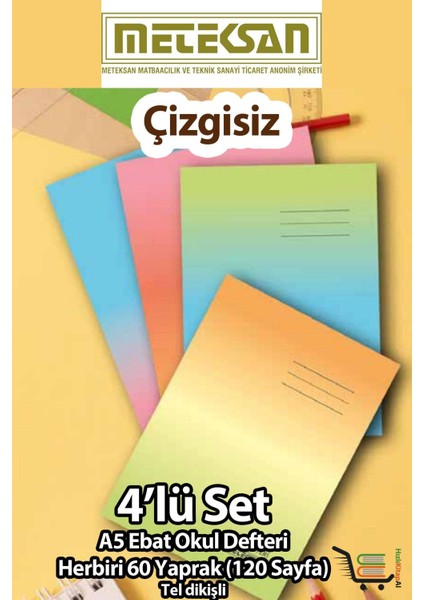 Çizgisiz Okul Defteri A5 Ebat 60 Yaprak (120 Sayfa) Karton Kapak Tel Dikişli
