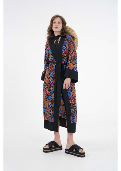 Kahverengi Desenli Maxi Dokuma Kimono