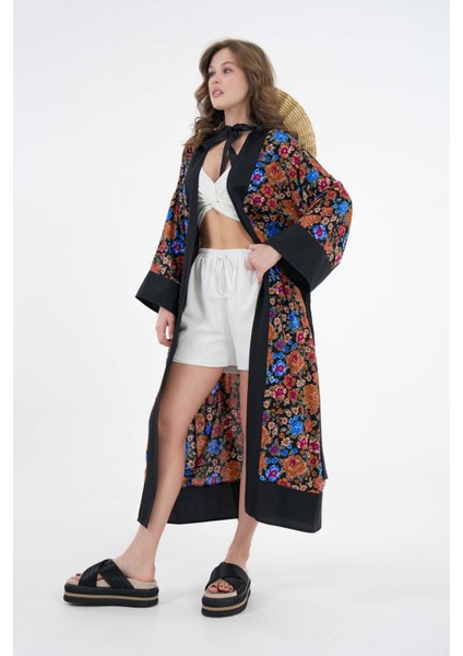 Kahverengi Desenli Maxi Dokuma Kimono fiyatları