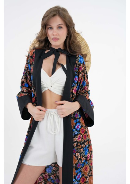 Kahverengi Desenli Maxi Dokuma Kimono modelleri