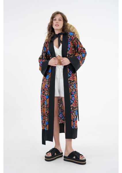 Kahverengi Desenli Maxi Dokuma Kimono indirimleri