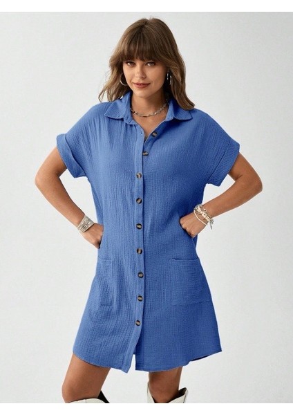 Kadın Cep Detay Müslin Kumaş Mini Gömlek Elbise fiyatları