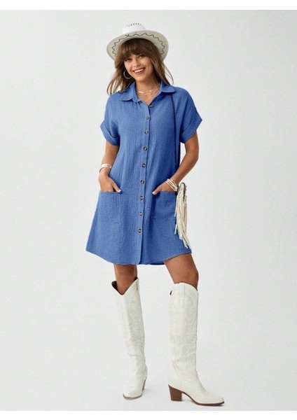 Kadın Cep Detay Müslin Kumaş Mini Gömlek Elbise indirimleri