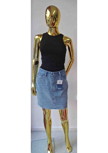 Taş Detaylı Kot Etek