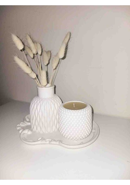 Minimalist Taş Tozu Dekor Set – Vazo, Mum ve Tepsi 3’lü