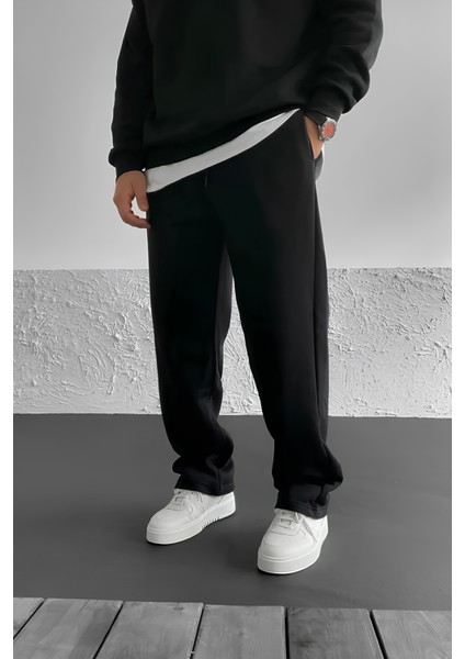 Erkek Siyah Baggy Yazlık 3 Iplik Bol Kesim Düz Paça Mevsimlik Eşofman Altı RF0361