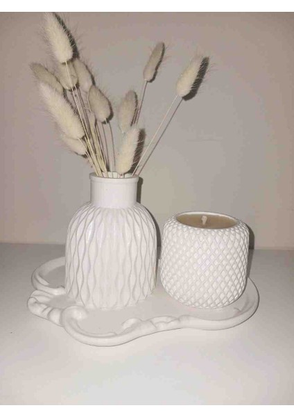 Minimalist Taş Tozu Dekor Set – Vazo, Mum ve Tepsi 3’lü modelleri
