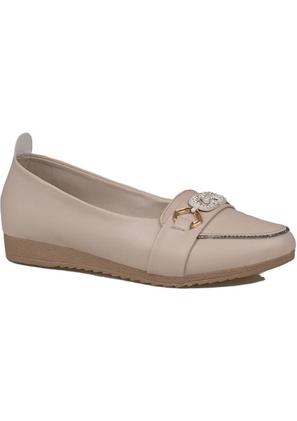 Krem Comfort Taş Işlemeli Kadın Babet