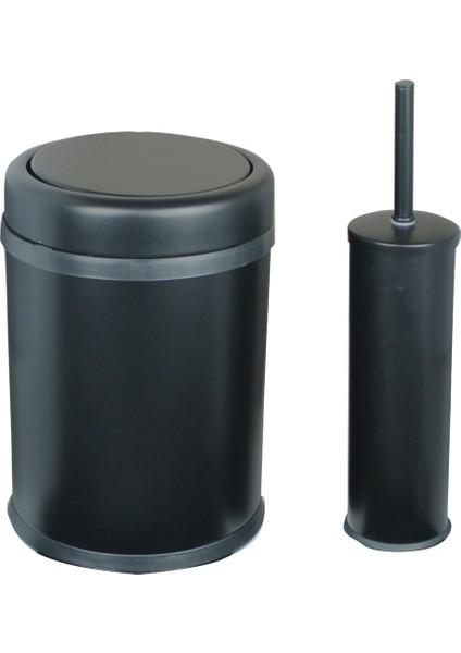 Sallanır Kapaklı Siyah Çöp Kovası 8 Litre - Klozet Fırçalı Banyo Seti