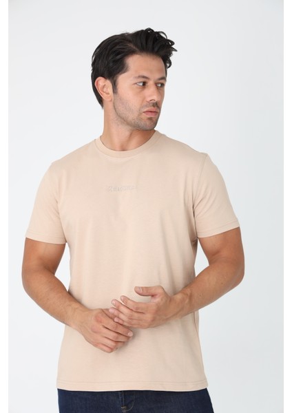 Bej Tişört - Ön Orta Kısımda Gri Nakışlı "zekora" Yazı modelleri