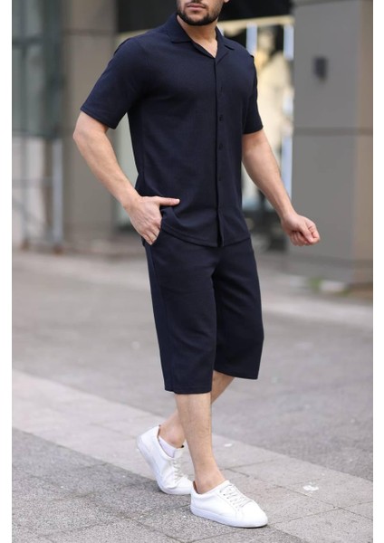 Erkek Lacivert Fitilli Polo Yaka Kısa Kollu Gömlek Şort Takım | Yazlık Konforlu Şık Kombin