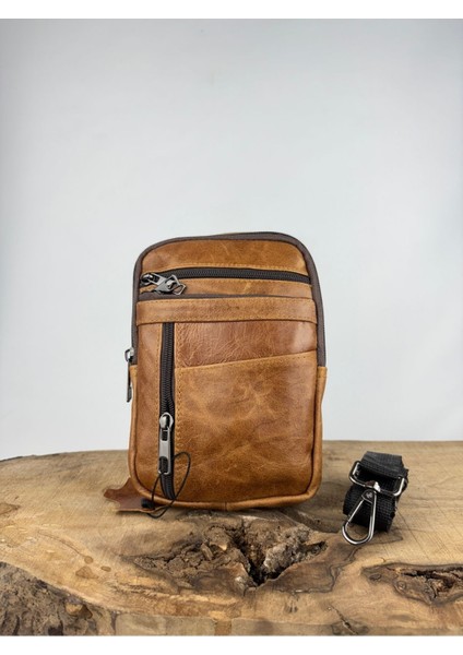 Hakiki Deri Unisex Telefon Çantası, Deri Bel Çantası, Çok Bölmeli Deri Omuz Çantası Taba