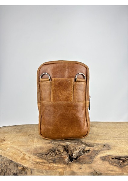 Hakiki Deri Unisex Telefon Çantası, Deri Bel Çantası, Çok Bölmeli Deri Omuz Çantası Taba