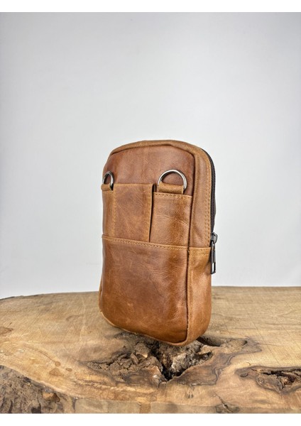 Hakiki Deri Unisex Telefon Çantası, Deri Bel Çantası, Çok Bölmeli Deri Omuz Çantası Taba