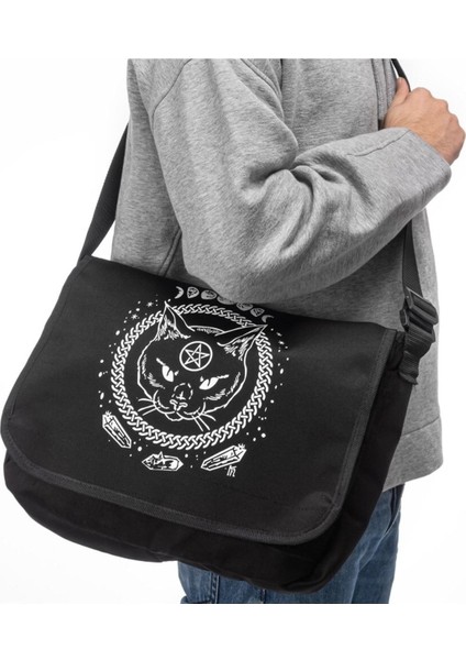 Gothic Kedi Baskılı Unisex Postacı Çantası, Siyah Renk, Şık ve Pratik Tasarım fiyatları