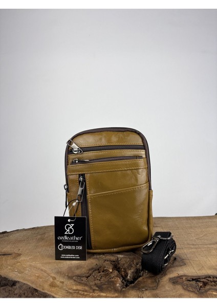 Hakiki Deri Unisex Telefon Çantası, Deri Bel Çantası, Çok Bölmeli Deri Omuz Çantası Zeytin Yeşili