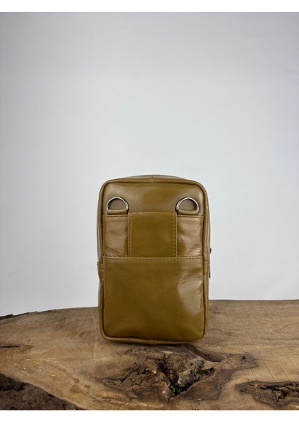 Hakiki Deri Unisex Telefon Çantası, Deri Bel Çantası, Çok Bölmeli Deri Omuz Çantası Zeytin Yeşili