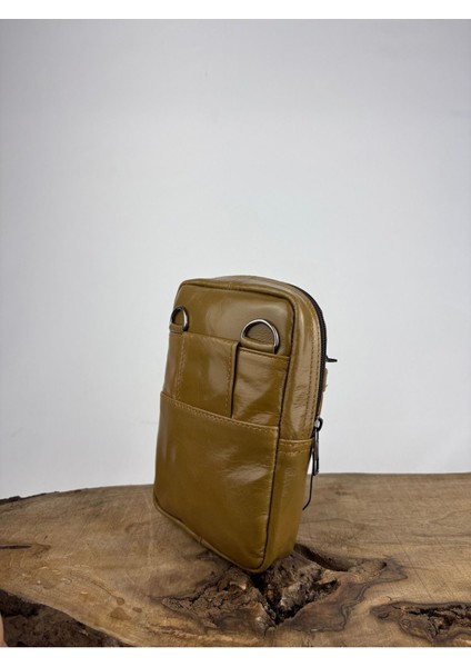 Hakiki Deri Unisex Telefon Çantası, Deri Bel Çantası, Çok Bölmeli Deri Omuz Çantası Zeytin Yeşili